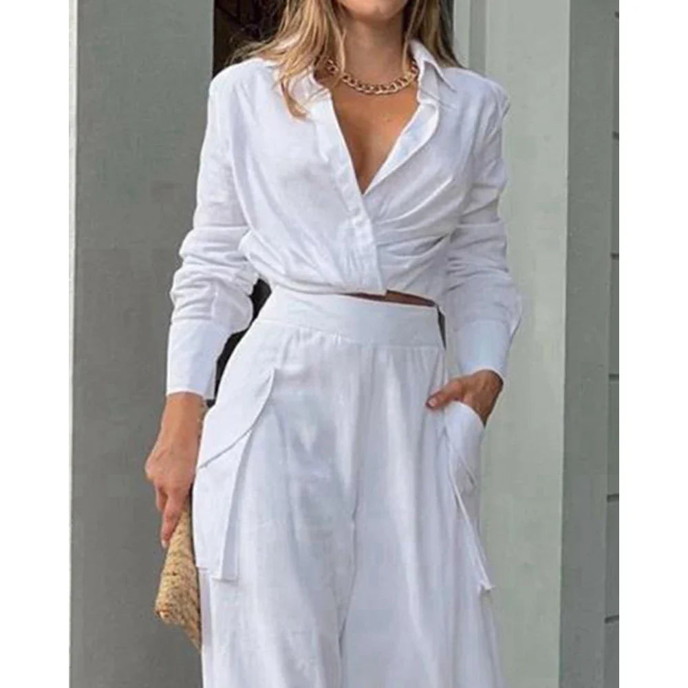 Conjunto de Calça Cintura Alta e Blusa Mangas Longas decote em V - Nelima