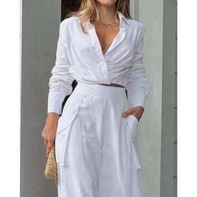 Conjunto de Calça Cintura Alta e Blusa Mangas Longas decote em V - Nelima