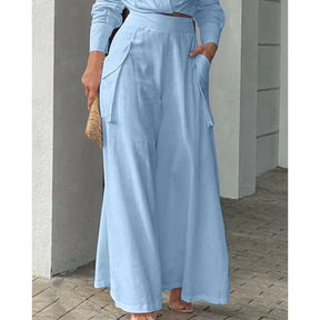 Conjunto de Calça Cintura Alta e Blusa Mangas Longas decote em V - Nelima