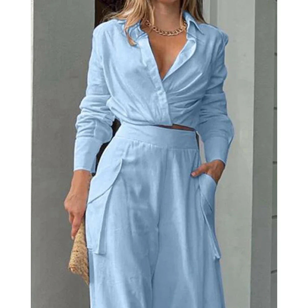 Conjunto de Calça Cintura Alta e Blusa Mangas Longas decote em V - Nelima