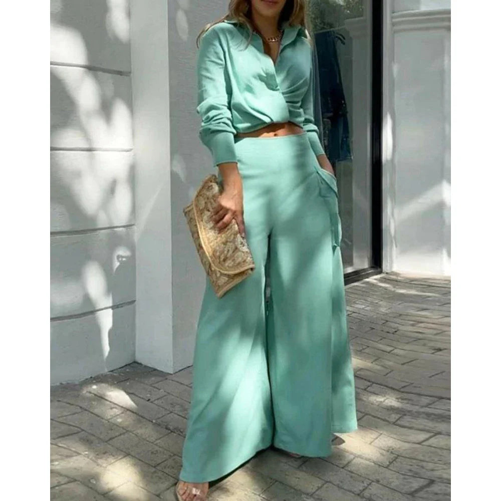 Conjunto de Calça Cintura Alta e Blusa Mangas Longas decote em V - Nelima