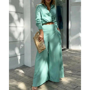 Conjunto de Calça Cintura Alta e Blusa Mangas Longas decote em V - Nelima