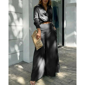 Conjunto de Calça Cintura Alta e Blusa Mangas Longas decote em V - Nelima